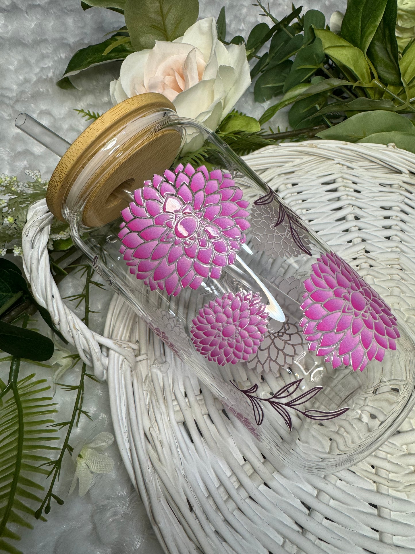 Purple Flowers Glass Cup. Beautiful Gift Idea