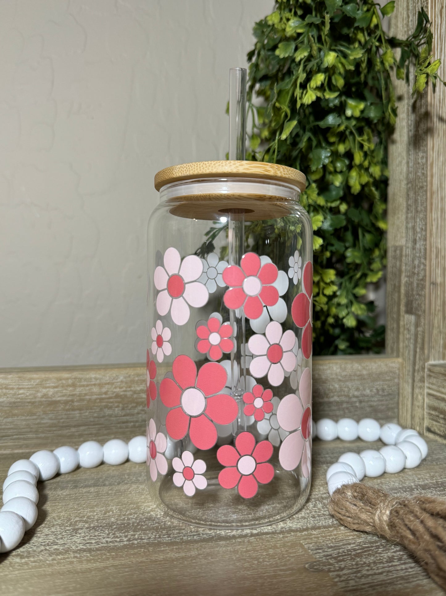 Coral Flowers 16oz Glass Cup. Beautiful Gift Idea