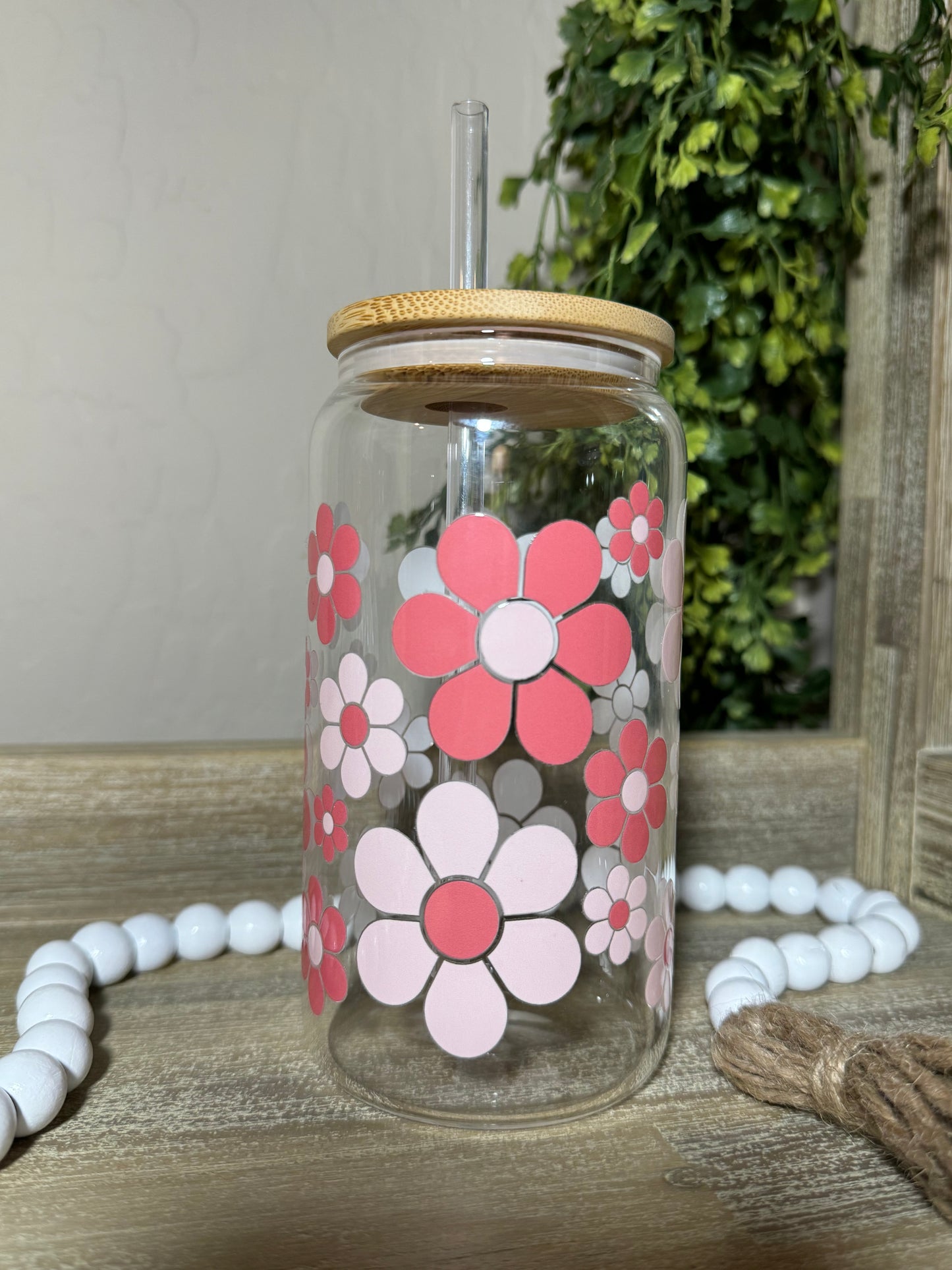 Coral Flowers 16oz Glass Cup. Beautiful Gift Idea