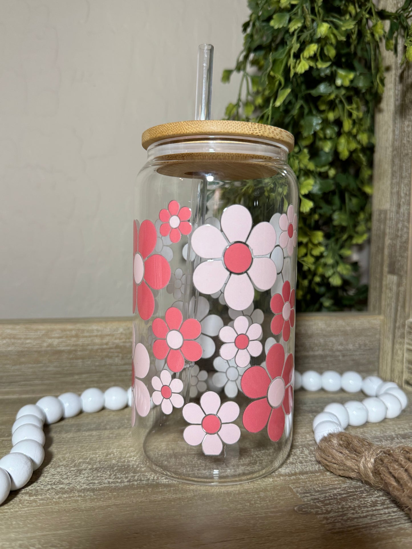 Coral Flowers 16oz Glass Cup. Beautiful Gift Idea