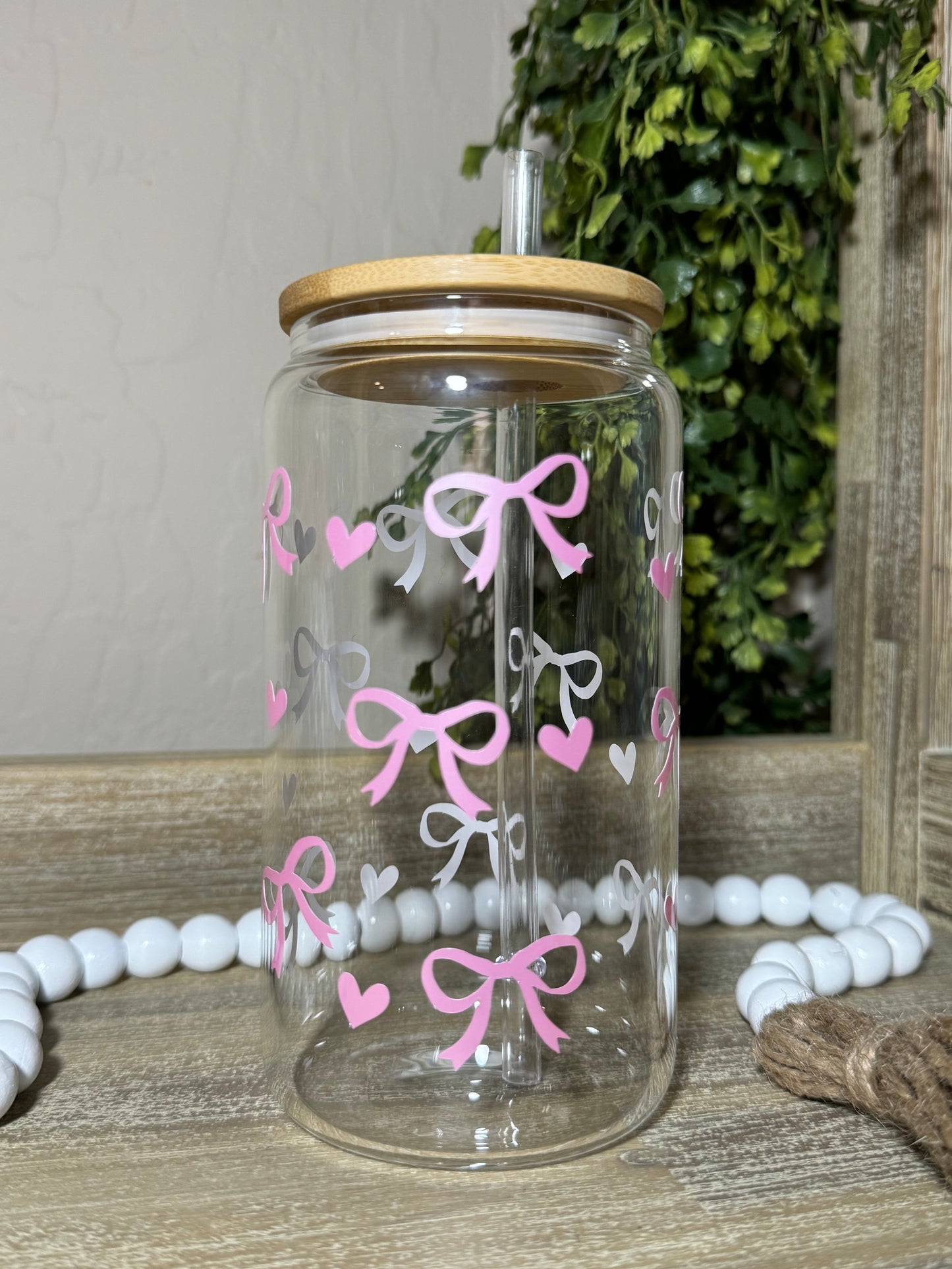 Light Pink Bow 16oz Glass Cup