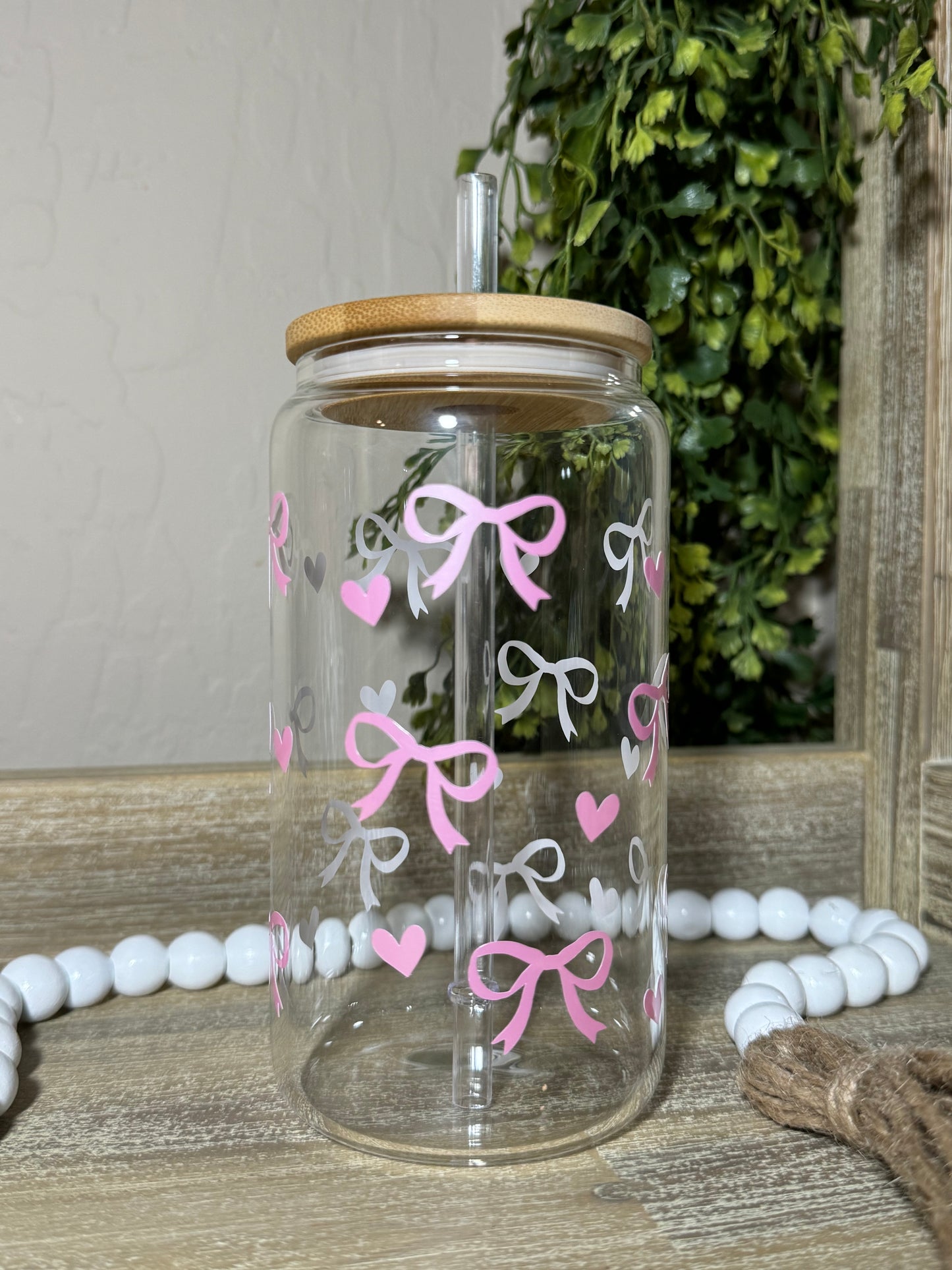 Light Pink Bow 16oz Glass Cup