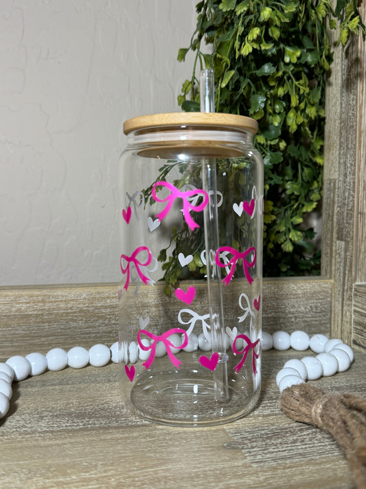 Pink Bow 16oz Glass Cup. Beautiful Glass Cup.