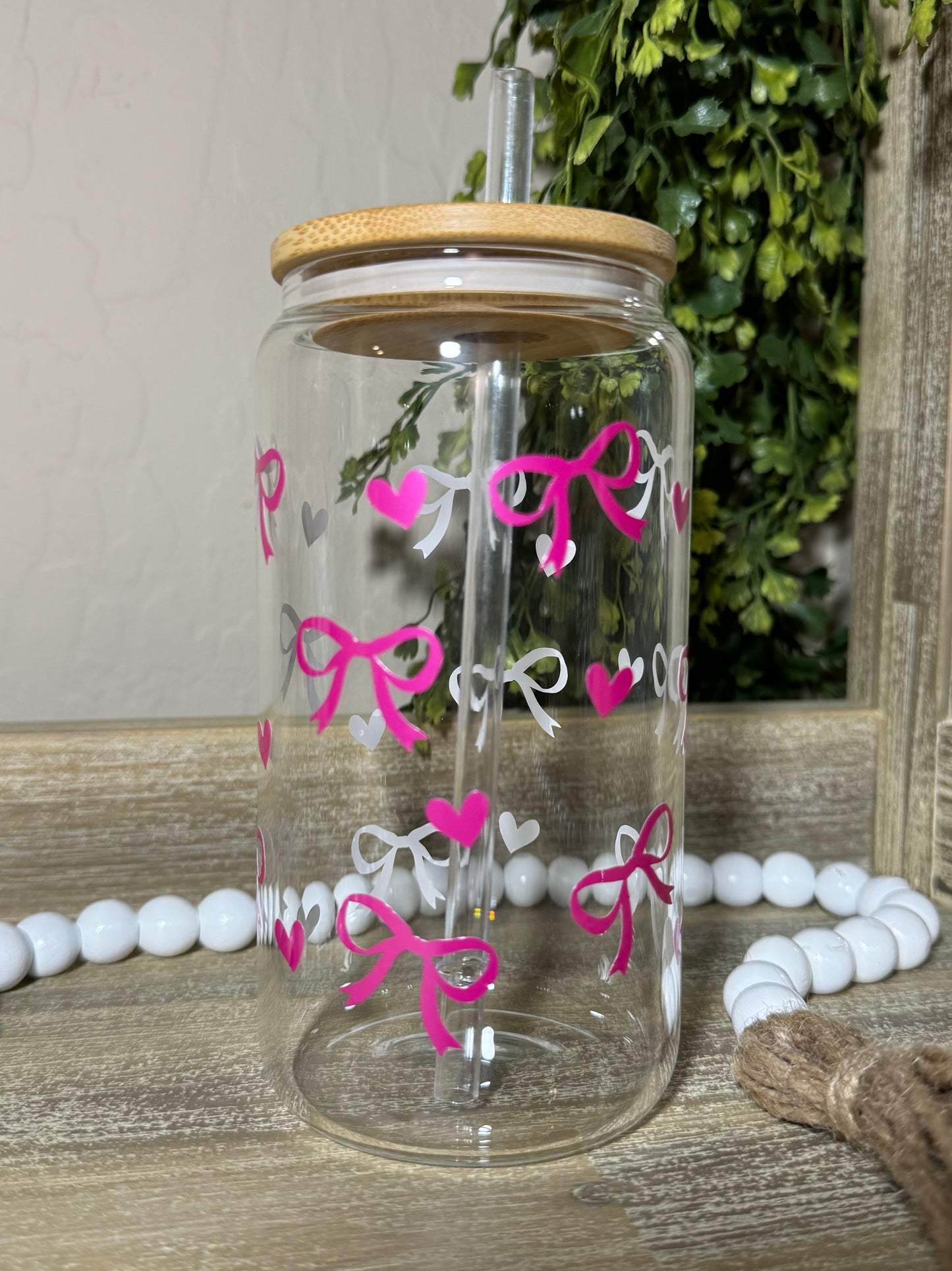 Pink Bow 16oz Glass Cup. Beautiful Glass Cup.