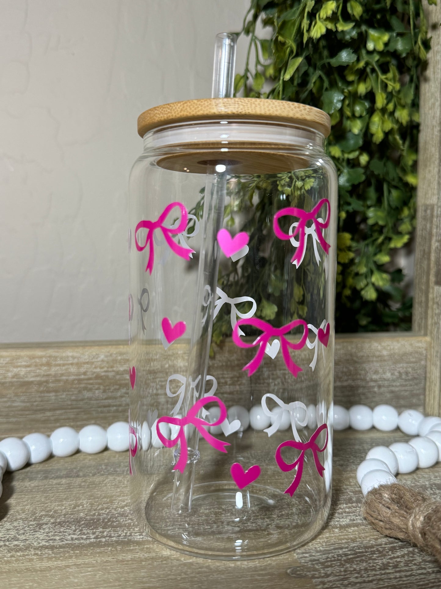 Pink Bow 16oz Glass Cup. Beautiful Glass Cup.