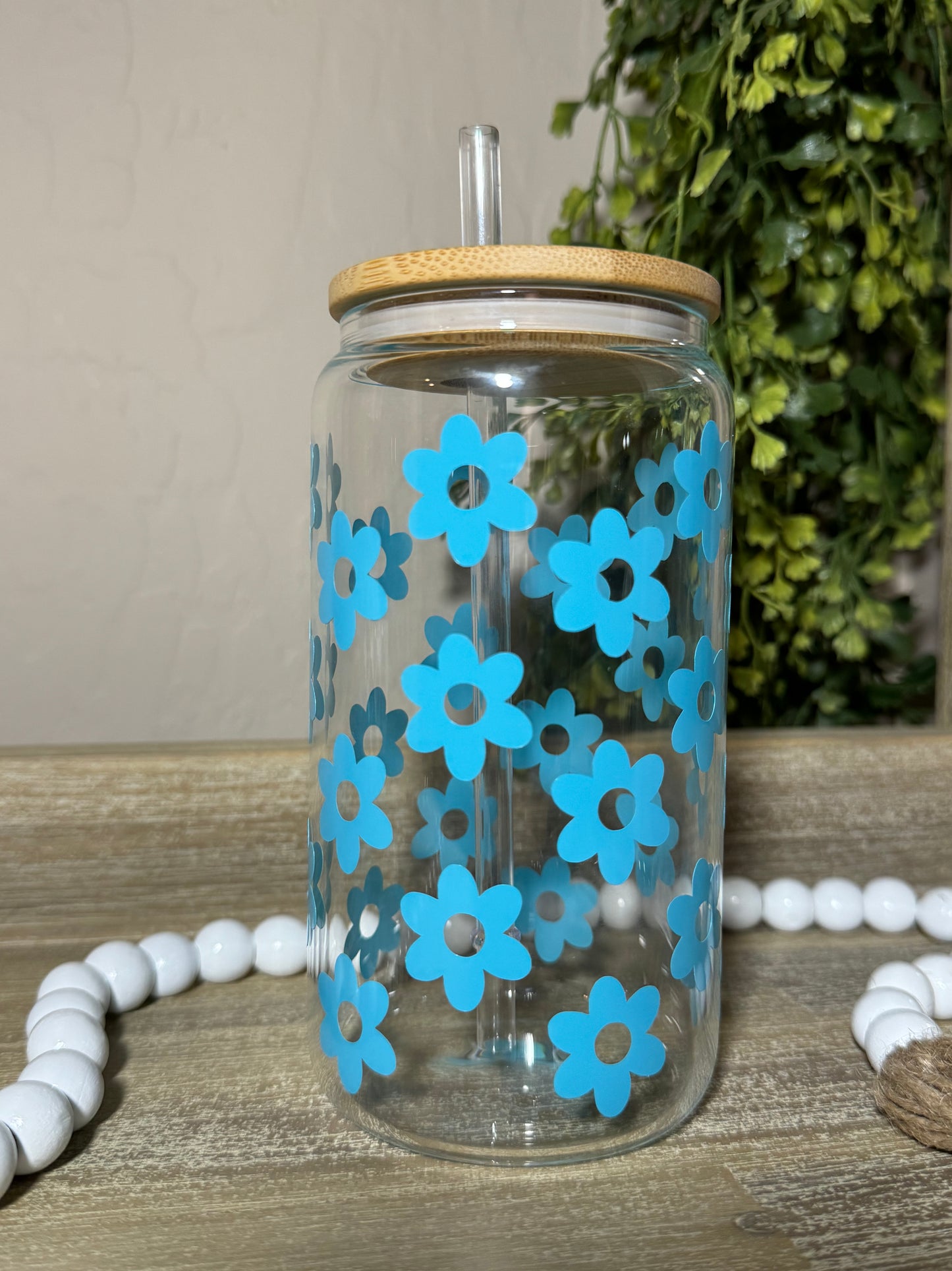 Blue Flowers 16oz Glass Cup