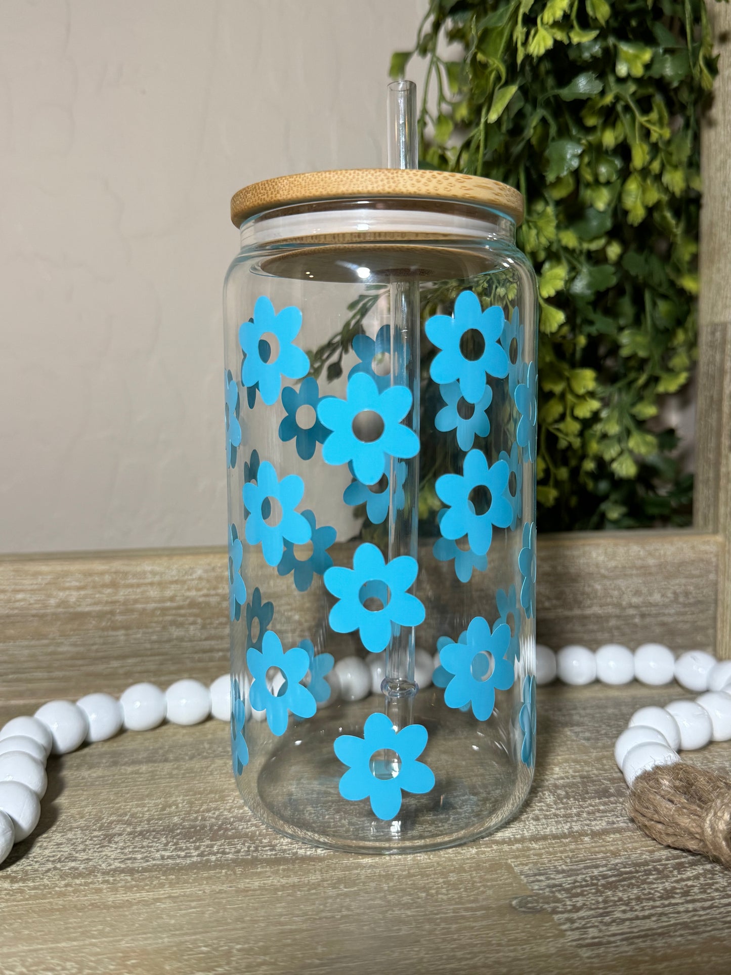 Blue Flowers 16oz Glass Cup