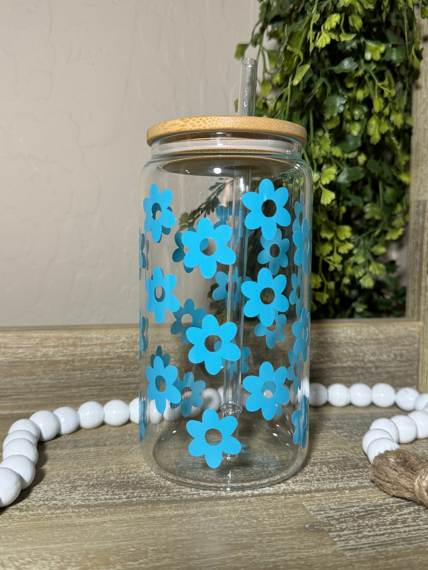 Blue Flowers 16oz Glass Cup