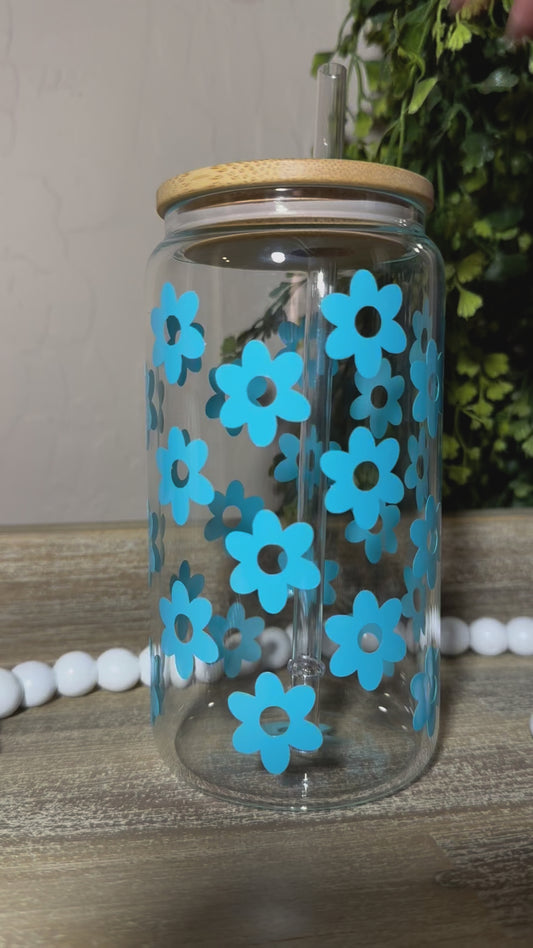 Blue Flowers 16oz Glass Cup